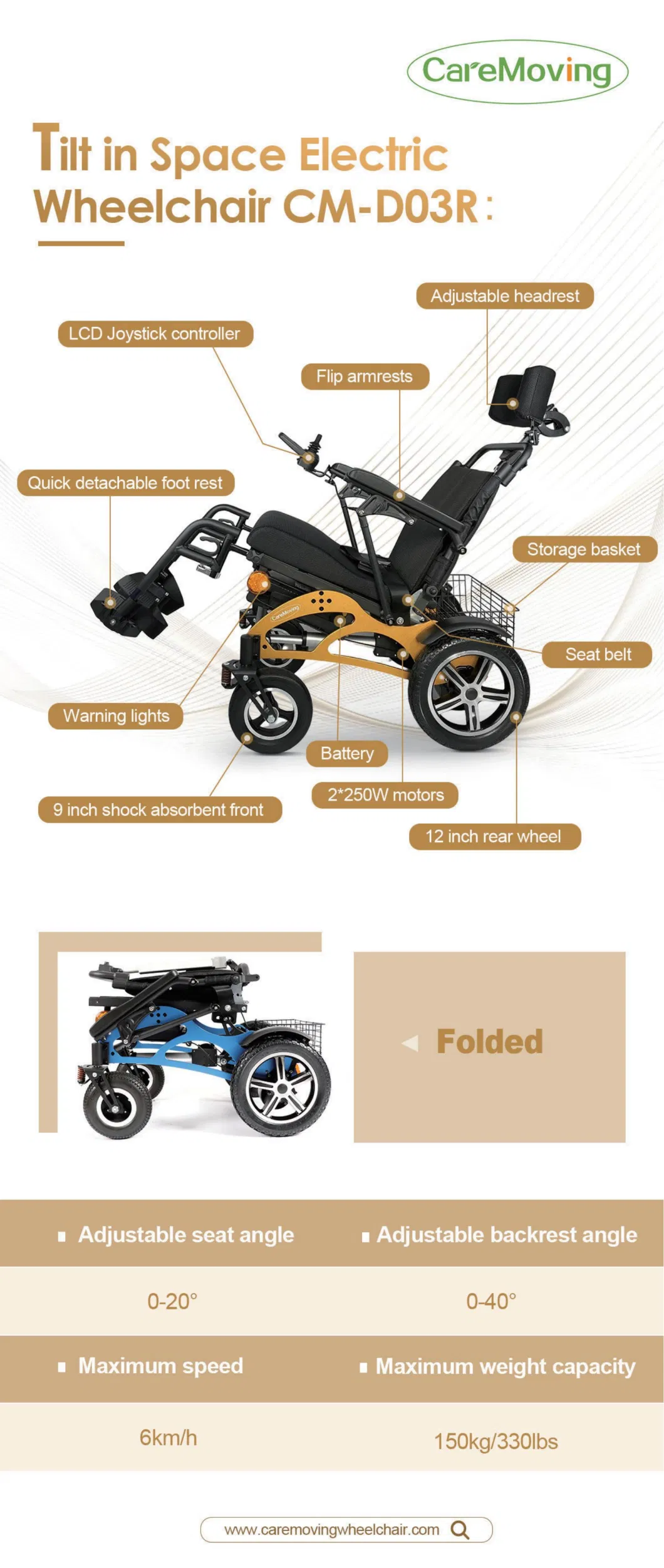 Heavy Duty Multifunction Backrest Reclining Aluminum Folding Electric Powered Wheelchair with Pillow and 2*250W Motor